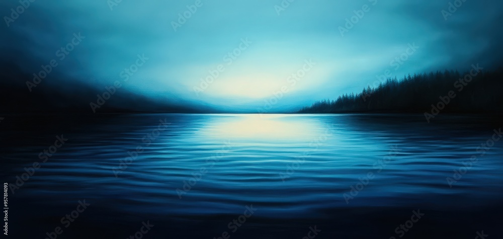Obraz premium A serene blue lake under a misty sky, reflecting calm waters. Perfect for evoking tranquility and peace in any design.