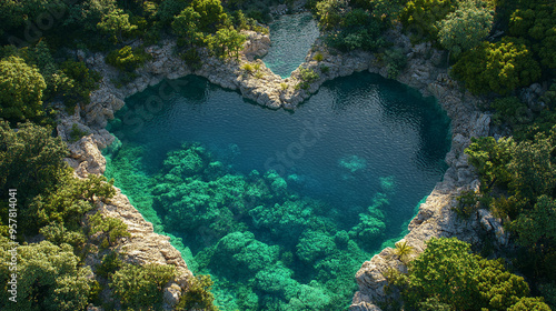 lake shaped like a heart, nestled in a lush green landscape, symbolizing love and tranquility