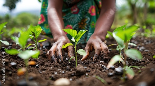 A close-up of hands planting native saplings in a reforestation project, surrounded by healthy soil and small stones, emphasizing conservation efforts.