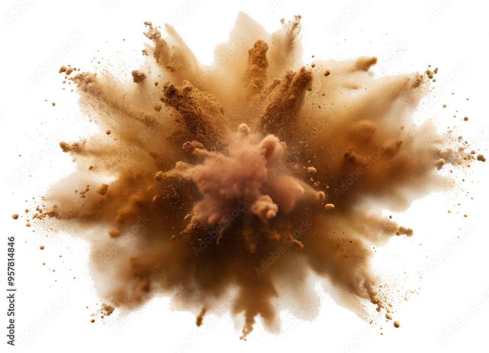 Brown powder explosion cut out. Isolated on Transparent background. Copy space. Brown powder explosion cut out. Isolated on Transparent background. Copy space.