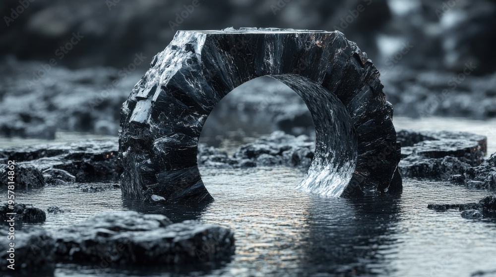 Fototapeta premium 3D render of an abstract futuristic background featuring broken gold geometric torus shapes on black cobblestone rocks with reflective water, creating a unique wallpaper.