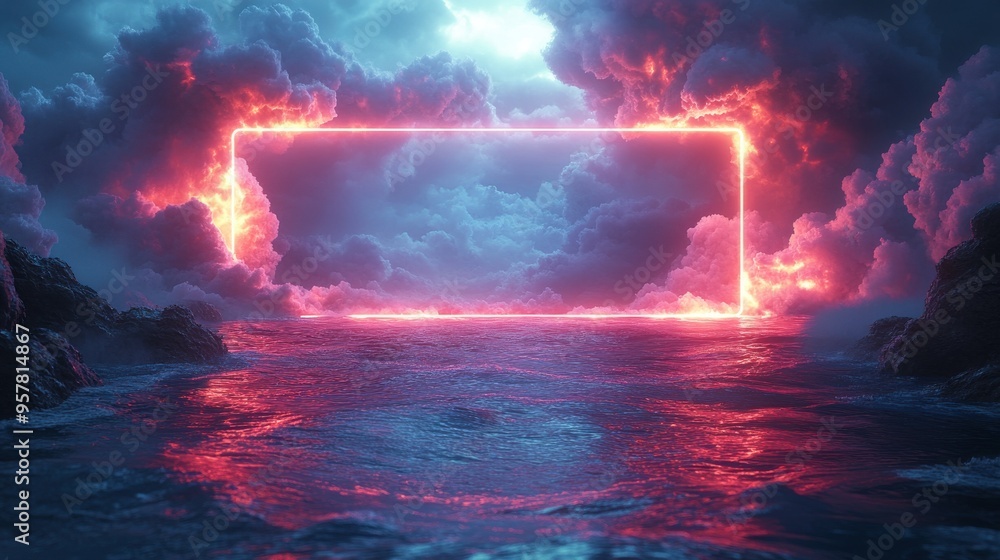 3D render of an abstract geometric background with a glowing pink neon square frame and water reflection for a minimal futuristic product showcase. 3D render of an abstract geometric background with a glowing pink neon square frame and water reflection for a minimal futuristic product showcase.