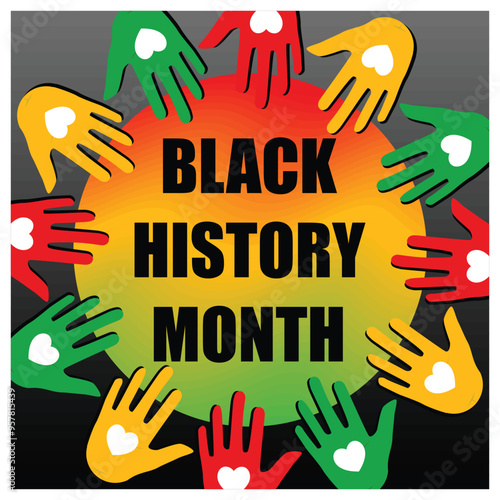 Various hands with a heart symbol form a circle. Equality of human rights. Black History Month concept. Flat vector illustration.