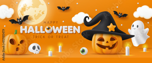 3D Happy Halloween banner template. Pumpkin, moon, skull, cute ghost, wizard hat on orange background. Website spooky, scary party, social media sale promotion poster, wallpaper. Trick or treat