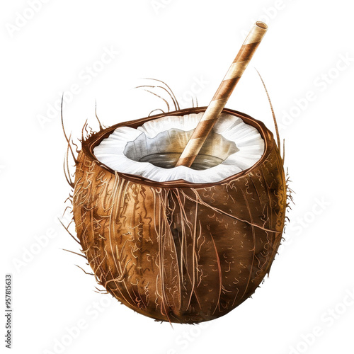 Delight in Every Sip: A Refreshing Coconut Drink Served with a Striped Straw, Perfectly Cool for Hot Summer Days, Evoking Tropical Bliss and Relaxation photo