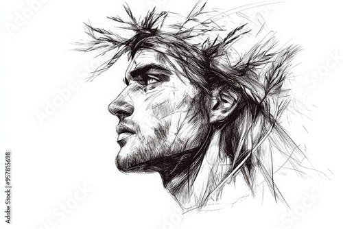 An artistic portrayal of a man with a crown of thorns, capturing emotion and depth in a striking black and white illustration.