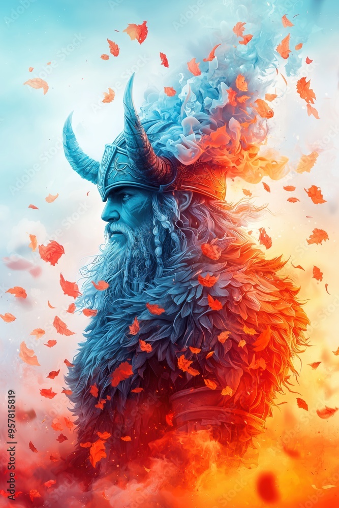 Epic Viking Warrior at Sunset - Horned Helmet, Wind-Swept Battlefield, Cartoon Style Epic Viking Warrior at Sunset - Horned Helmet, Wind-Swept Battlefield, Cartoon Style