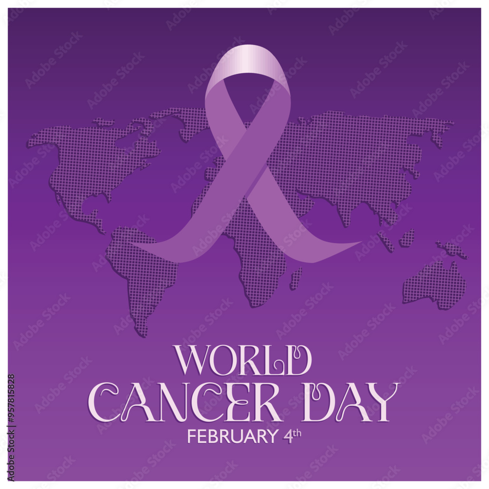 Fototapeta premium Purple cancer awareness ribbon on earth map. Celebrating World Cancer Day on February 4. World Cancer Day concept. Flat vector illustration.