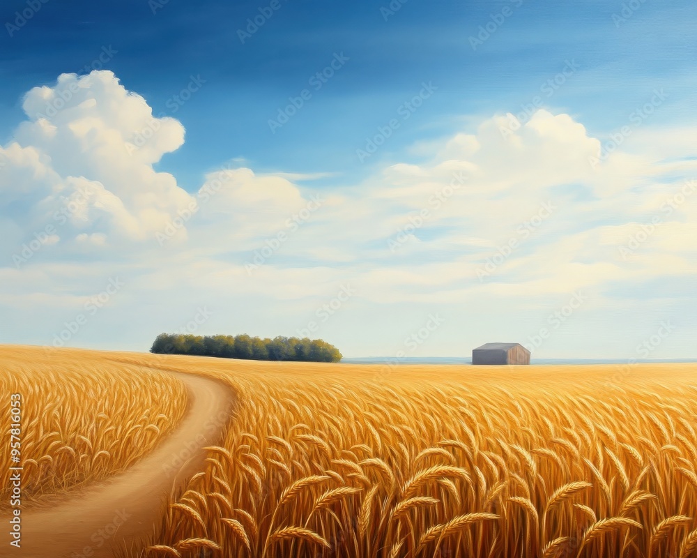 Fototapeta premium Golden fields stretch towards the horizon under a blue sky with fluffy clouds, creating a serene rural landscape scene.