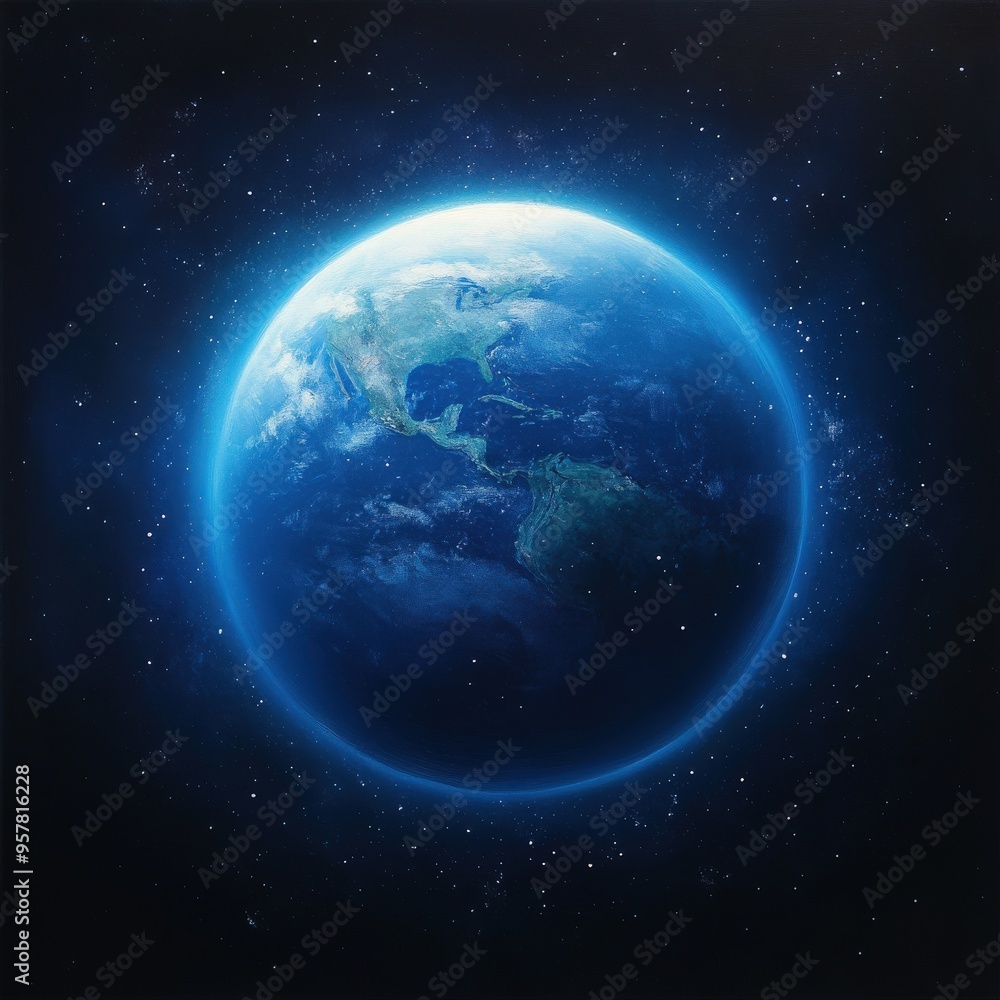 Stunning image of Earth in space, showcasing vibrant colors and glowing atmosphere amidst a starry background. Stunning image of Earth in space, showcasing vibrant colors and glowing atmosphere amidst a starry background.