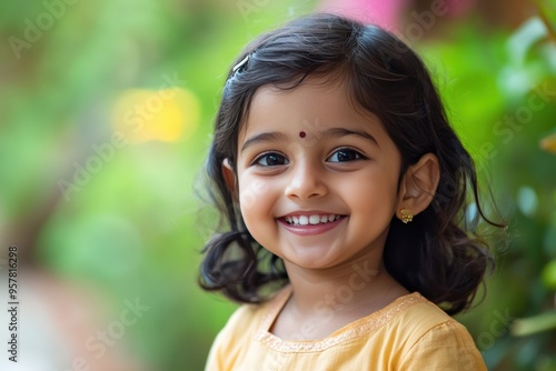 Female portrait of charming indian child of three years with a beautiful smile. 