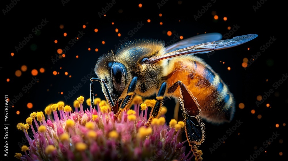 Colorful neon light effect on a honeybee collecting nectar from a flower against a dark background, with flying sparks and glow effects. This is a commercial insect photography image. Colorful neon light effect on a honeybee collecting nectar from a flower against a dark background, with flying sparks and glow effects. This is a commercial insect photography image.
