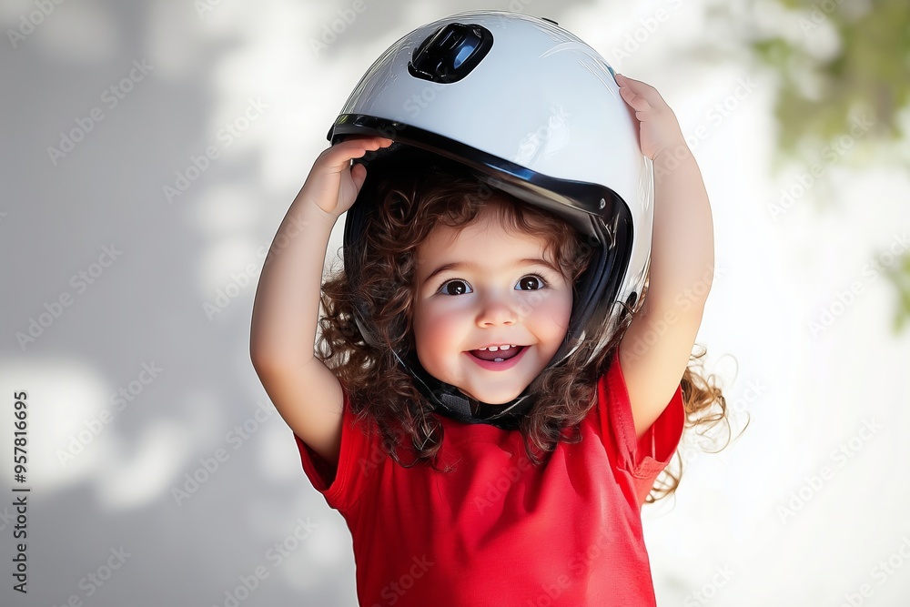 A Joyful Child with Curly Hair Holding a Safety Helmet A Joyful Child with Curly Hair Holding a Safety Helmet