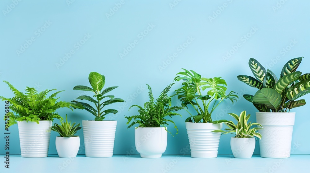 Fototapeta premium 07240954 111. Minimalist white pots with lush, vibrant plants arranged neatly against a pastel sky blue background, with ample clear space at the bottom for text