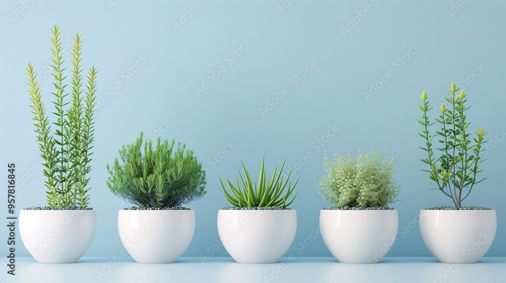 Fototapeta premium 07240954 112. Elegant white pots housing beautiful green plants, set against a soft pastel sky blue backdrop, providing a clean, uncluttered space at the bottom for text