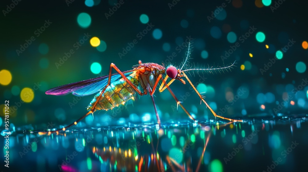 Colorful neon light effect on a mosquito resting on water against a dark background, with flying sparks and glow effects. This is a commercial insect photography image. Colorful neon light effect on a mosquito resting on water against a dark background, with flying sparks and glow effects. This is a commercial insect photography image.