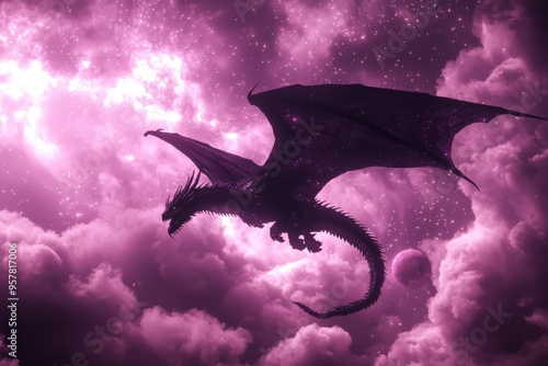 Fantasy dragon soaring through dramatic purple cloudy sky photo