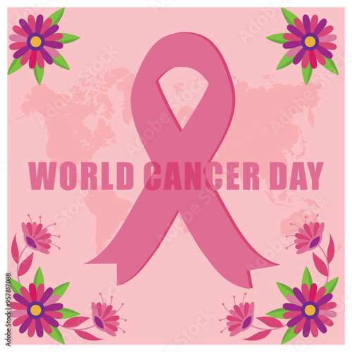 Breast cancer awareness month. Cancer awareness ribbon with floral decoration on pink background. World Cancer Day concept. Flat vector illustration.