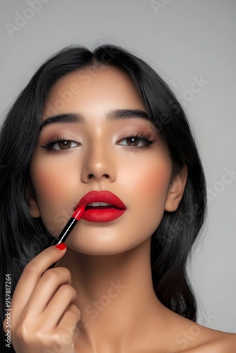 Beautiful Indian Woman Applying Bold Red Lipstick Glamorous Portrait with Clean Background photo