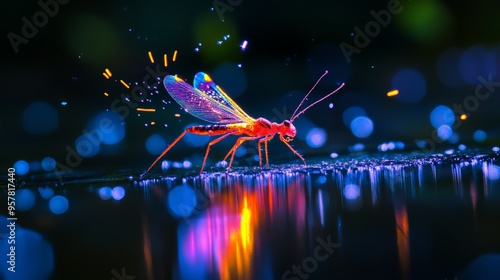 Colorful neon light effect on a water strider skating on the surface of a pond against a dark background, with flying sparks and glow effects. This is a commercial insect photography image. photo