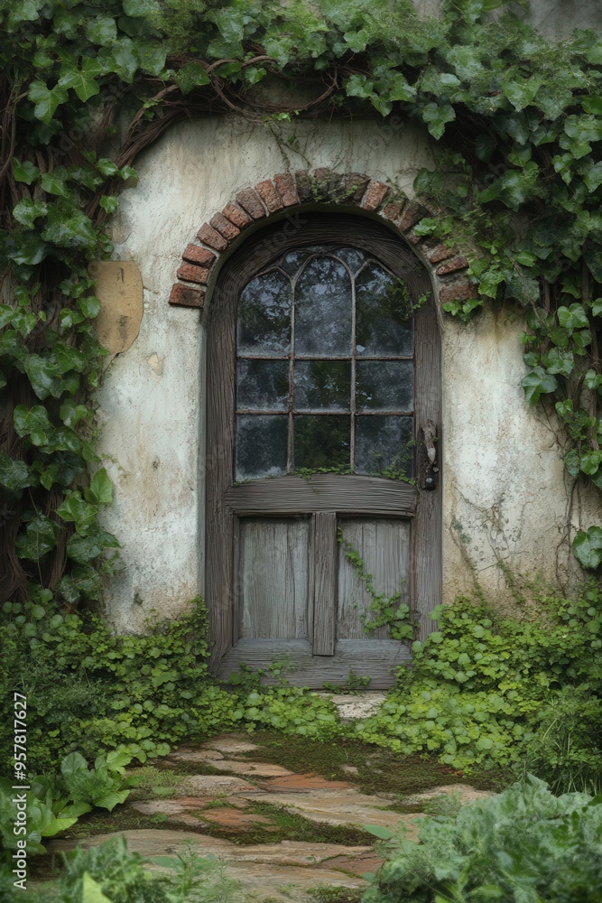 A charming wooden door surrounded by lush greenery and ivy, creating a serene and inviting atmosphere in nature. A charming wooden door surrounded by lush greenery and ivy, creating a serene and inviting atmosphere in nature.