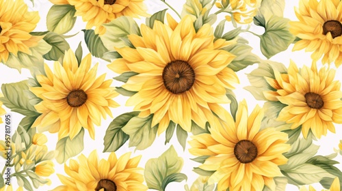 Vintage-inspired watercolor pattern featuring large yellow sunflower blossoms and lush green leaves, creating a seamless design with a luxurious feel