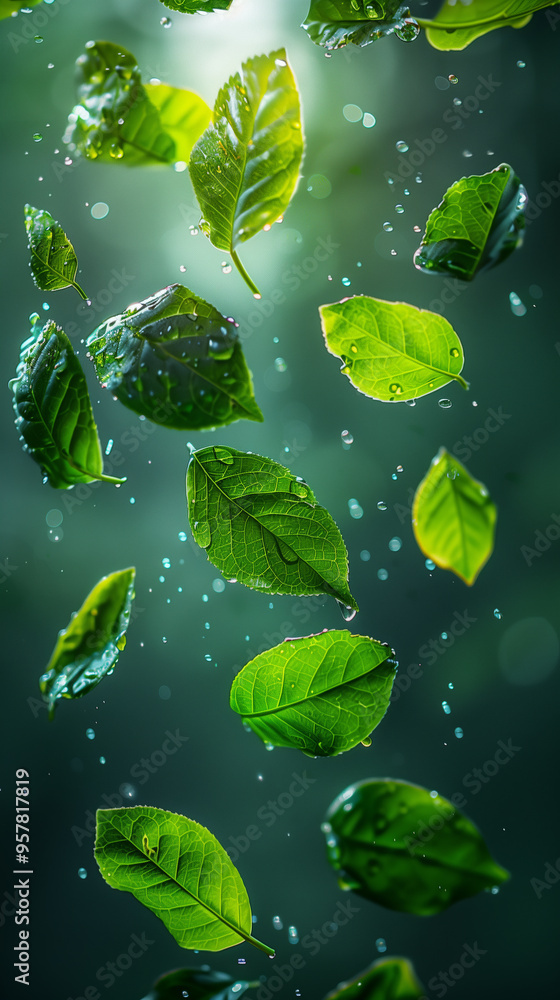 Fresh tea leaves with dew