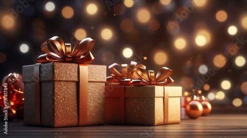 Christmas gift boxes and bokeh lights 3d illustration.