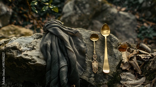 A spoon and a gold tine with a grey scarf knotted are placed on a piece of jungle stone photo