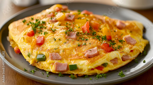 fluffy omelette filled with cheese, ham, and bell peppers, folded perfectly on a plate