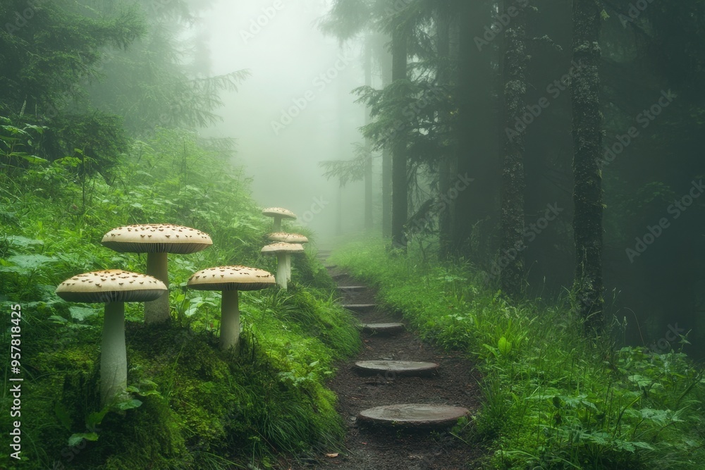 A serene forest pathway lined with vibrant mushrooms, enveloped in mystical fog and lush greenery, inviting exploration. A serene forest pathway lined with vibrant mushrooms, enveloped in mystical fog and lush greenery, inviting exploration.