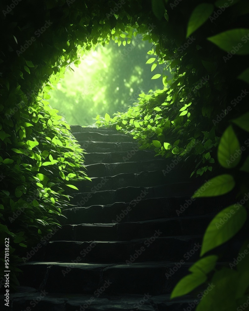 A serene path through lush foliage, leading to a bright, inviting light at the end of stone steps, evoking tranquility and nature. A serene path through lush foliage, leading to a bright, inviting light at the end of stone steps, evoking tranquility and nature.