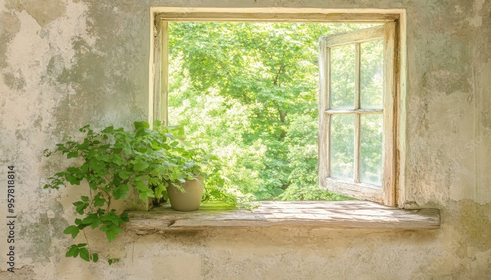 A serene view from a rustic window showcasing lush greenery and a potted plant, inviting nature indoors. A serene view from a rustic window showcasing lush greenery and a potted plant, inviting nature indoors.