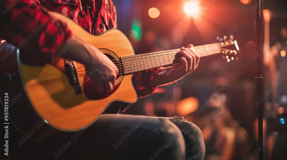 Obraz premium An acoustic guitarist performing on a small intimate stage, audience captivated,