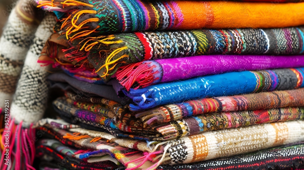 A stack of lively highly colored wool silk scarves with Inca origins A stack of lively highly colored wool silk scarves with Inca origins