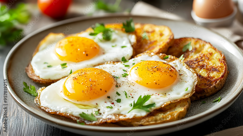 Fried eggs cooked to perfection, served with a side of crispy hash browns Fried eggs cooked to perfection, served with a side of crispy hash browns