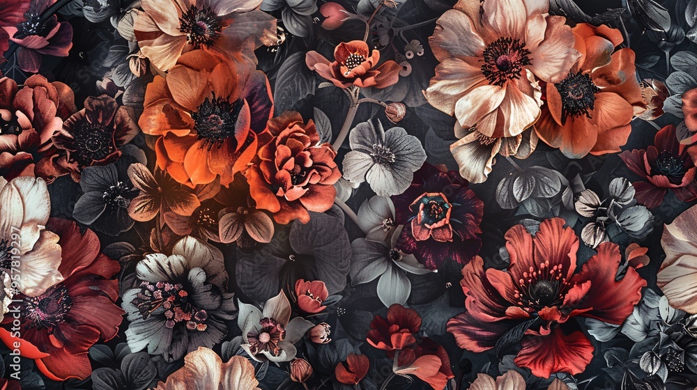 Fototapeta premium 07240954 159. AI generative fabric print with a sophisticated floral design, highlighting a variety of flowers with intricate detailing and a palette of rich, vibrant colors, seamlessly woven into a