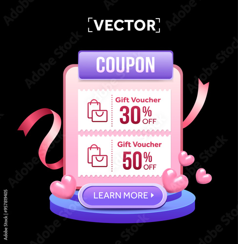 3d white coupons with coupon code, percentage off on a board, flying pink hearts a stage, isolated on dark background. Gift voucher giveaway banner template for big sale off event. Vector illustration
