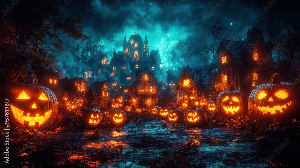 Spooky Halloween scene with glowing pumpkins and a haunted village. Spooky Halloween scene with glowing pumpkins and a haunted village.
