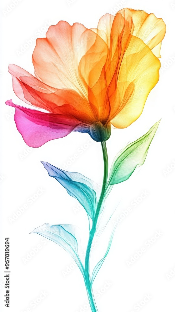 A vibrant, colorful flower with flowing petals and a delicate stem, radiating beauty and serenity in soft hues. A vibrant, colorful flower with flowing petals and a delicate stem, radiating beauty and serenity in soft hues.