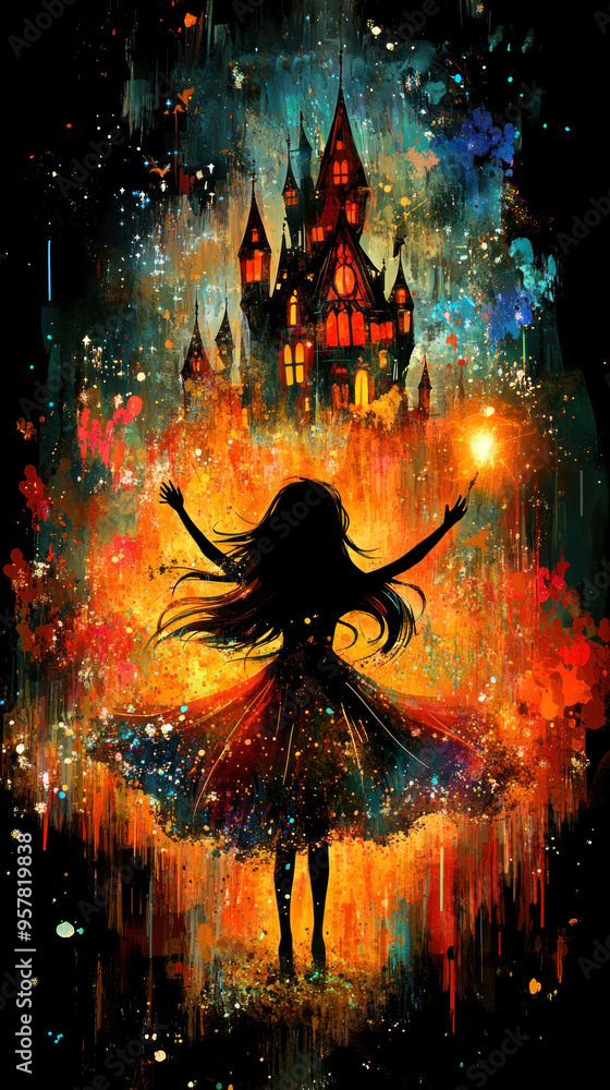 A girl is standing in front of a castle with a castle in the background. She is holding a wand and a star