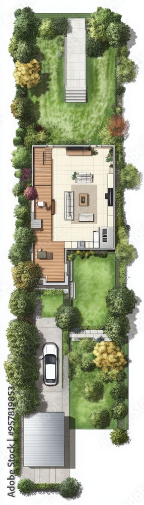 Aerial view of a property layout featuring garden, house, and driveway in a well-planned design for residential inspiration. Aerial view of a property layout featuring garden, house, and driveway in a well-planned design for residential inspiration.