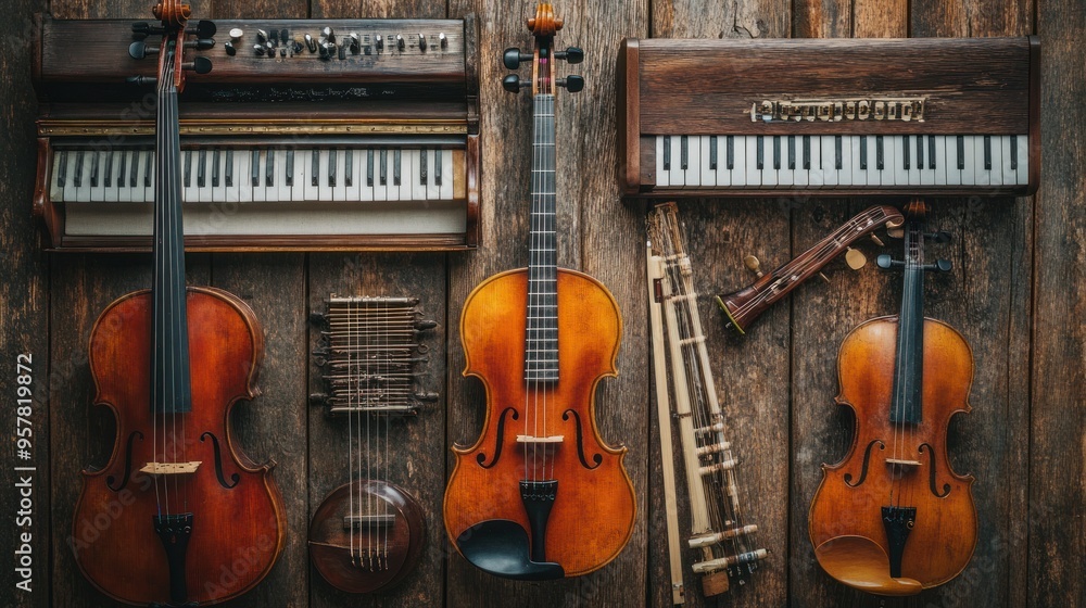 Naklejka premium An array of different musical instruments, including a guitar, violin, and piano, displayed on a rustic wooden table, -