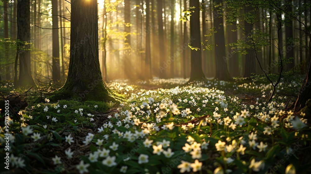 Obraz premium 07240954 179. A picturesque forest floor adorned with clusters of white flowers, basking in the warm light of a spring morning, with the vibrant colors and new growth symbolizing the transition from