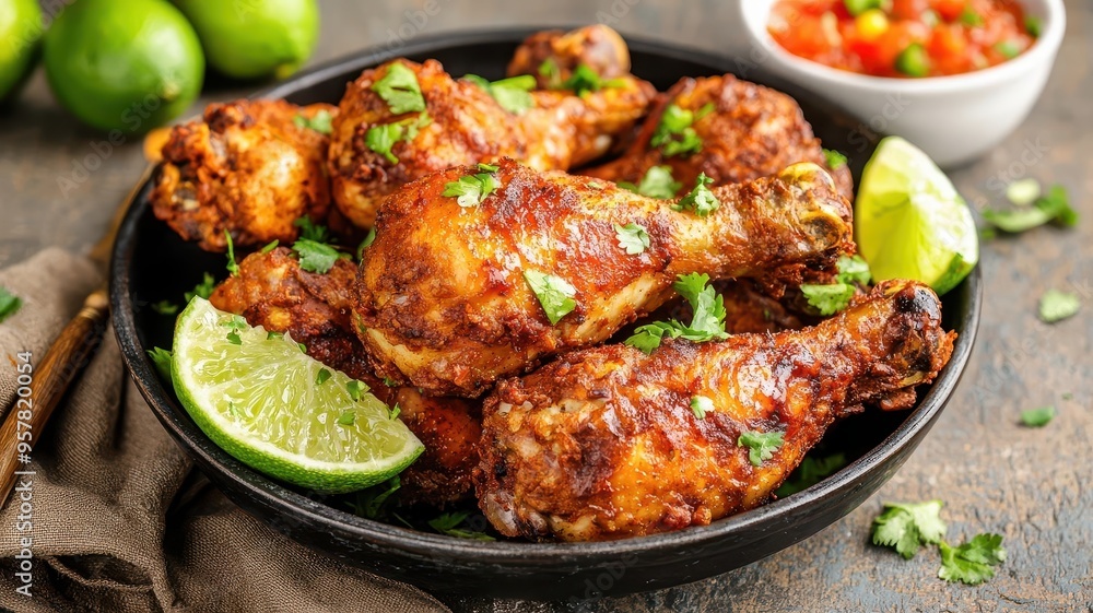 Mexican fried chicken with a spicy adobo marinade, served with fresh lime wedges and a side of salsa Mexican fried chicken with a spicy adobo marinade, served with fresh lime wedges and a side of salsa