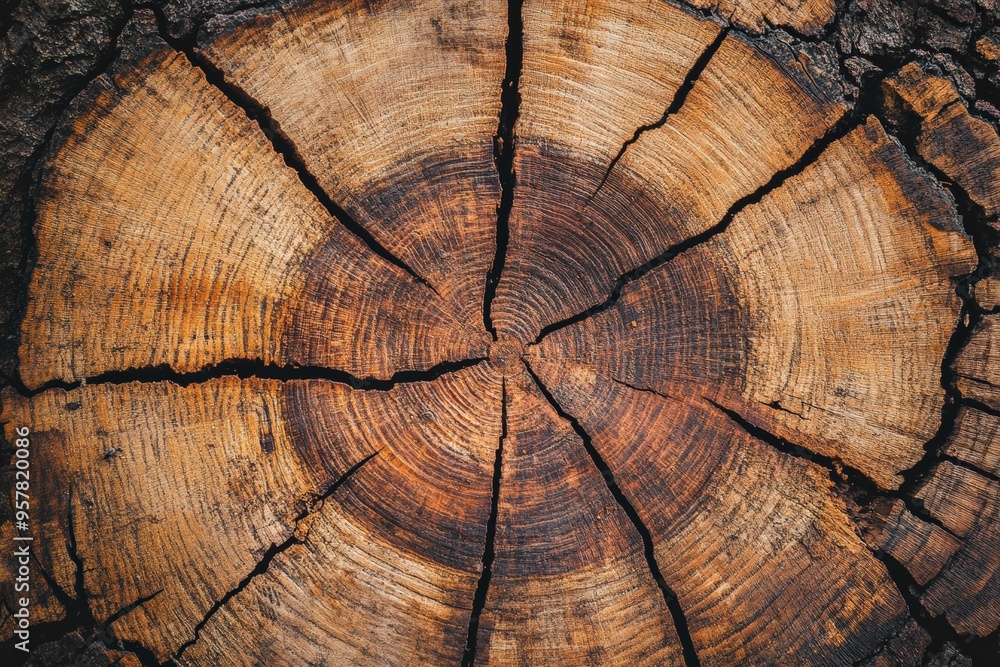 Fototapeta premium Surface of a tree stump showing rings of age and cracks