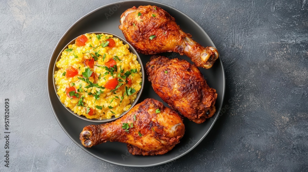 South African fried chicken, marinated with periperi sauce and fried until crispy, served with a side of pap maize porridge South African fried chicken, marinated with periperi sauce and fried until crispy, served with a side of pap maize porridge