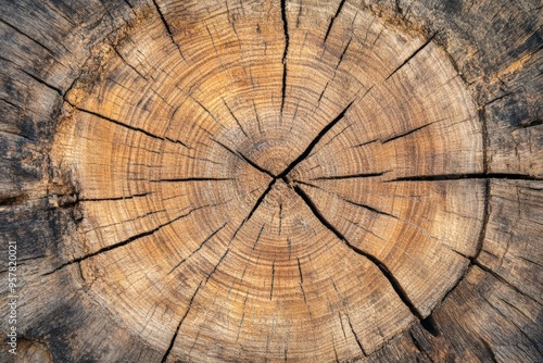 Surface of a tree stump showing rings of age and cracks 