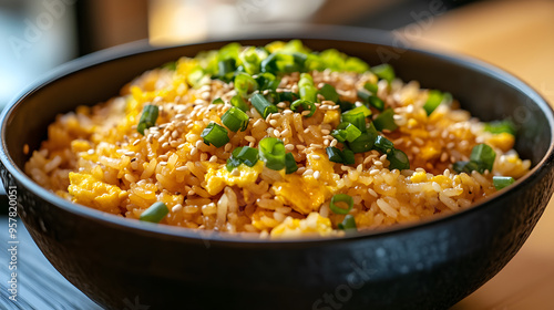 Golden egg fried rice, topped with green onions and sesame seeds photo