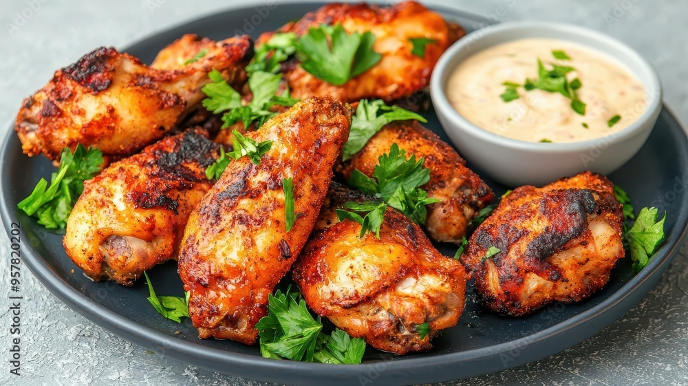 Closeup of Egyptian fried chicken, with a cumin and coriander spice mix, served with tahini dipping sauce Closeup of Egyptian fried chicken, with a cumin and coriander spice mix, served with tahini dipping sauce